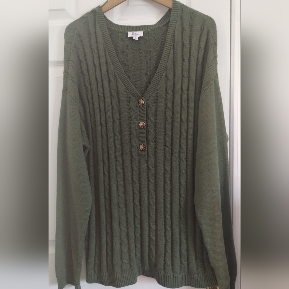 Kim Rogers Olive Green V-Neck Cable Knit Sweater